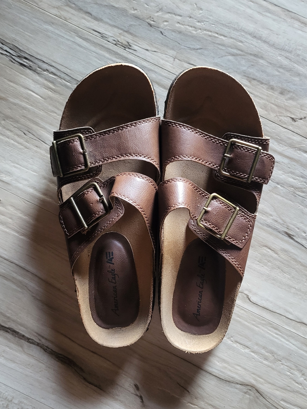 American Eagle Brown Double-Buckle Slide Sandals, Unisex Size 10 Womens, 9 Mens